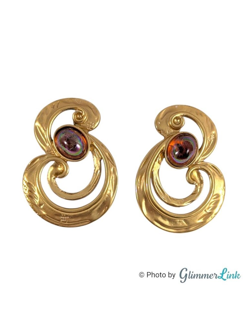 Vintage Avon Iridescent Cabochon Scroll Gold Tone Statement Earrings